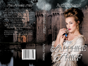 the sapphire thief premade book cover. woman in regency period dress attire