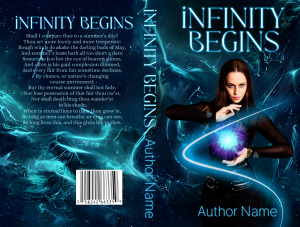Infinity Begins: Ready Made Book Cover: A seasoned witch plays with a magic orb. Fantasy, occult, wiccan, sci-fi, fantasy. Low cost book covers.