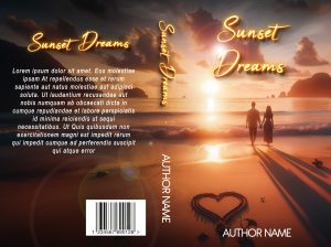 Sunset Dreams: Premade Book Cover: The perfect sunset beach for a romantic stroll. Couple silhouette illustrated—paperback included—help to upload provided.
