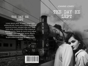 The day he left: Premade Book Cover: A steam train awaits departure while a loving couple embrace. Romance, drama, mystery fiction genres,  BookSelf UK