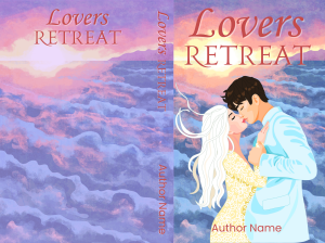 The cover of the book "Right Place Right Time: Premade Book Cover (Copy)" features a romantic illustration of a couple embracing against a dreamy background of soft, purple-pink clouds at sunset. The woman has long white hair and a white-yellow patterned dress, while the man wears a light blue suit. "Lovers Retreat: Right Place Right Time" is titled in red font, with "Author Name" at the bottom of this. BookSelf Book Cover Design & Premade Book Covers