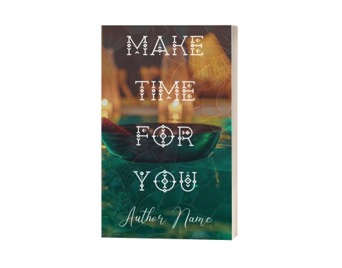 The image shows an Ebook & Paperback Premade Book Cover titled "Make Time For You" by Author Name. The cover features a serene background with candles and a green bowl, overlaid with intricate mandala patterns. The text is in a decorative, white font. BookSelf Book Cover Design & Premade Book Covers