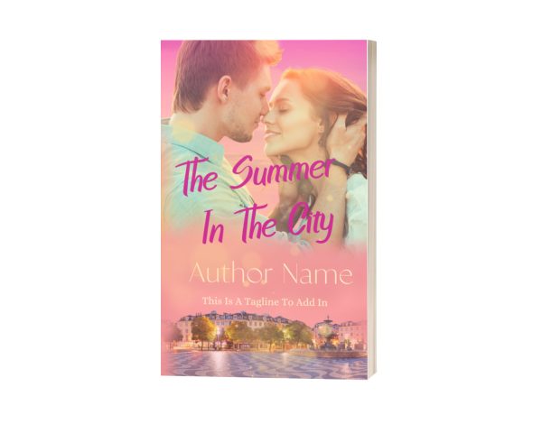An Ebook & Paperback Premade book cover showcases a loving couple, heads close and smiling at each other, set against a dreamy sunset gradient background. The title "The Summer In The City" is in purple cursive text, with "Author Name" below in white. A cityscape with lit buildings and water appears at the bottom. BookSelf Book Cover Design & Premade Book Covers
