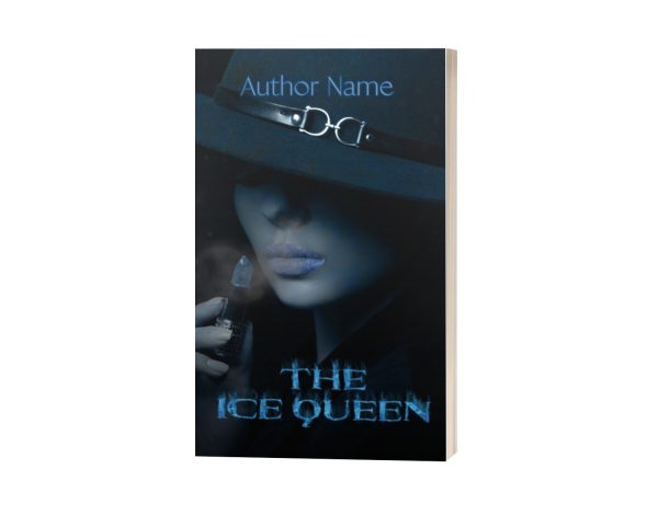 Ice Queen: Premade Book Cover titled "The Ice Queen," showcasing a mysterious figure in a dark hat and coat, holding an ice-like object to their lips. The cover is predominantly dark with cold-toned blue hues and an icy texture for the title. The author's name appears in a smaller blue font at the top. BookSelf Book Cover Design & Premade Book Covers