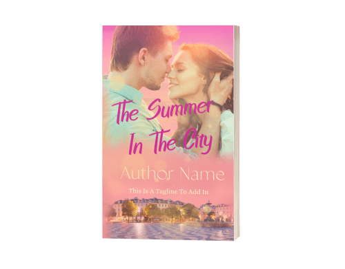 A summer romance Ebook & Paperback Premade book cover titled "The Summer In The City." A couple stands close, gazing into each other's eyes against a sunset sky. The author's name and a placeholder for a tagline are written below the title. At the bottom, a cityscape featuring waterfront buildings is visible. BookSelf Book Cover Design & Premade Book Covers