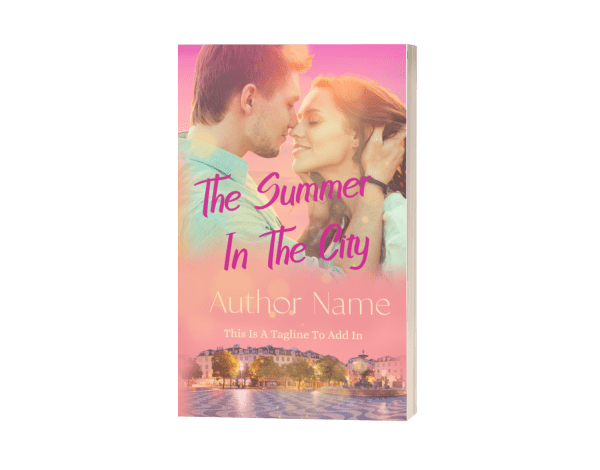 A summer romance Ebook & Paperback Premade book cover titled "The Summer In The City." A couple stands close, gazing into each other's eyes against a sunset sky. The author's name and a placeholder for a tagline are written below the title. At the bottom, a cityscape featuring waterfront buildings is visible. BookSelf Book Cover Design & Premade Book Covers