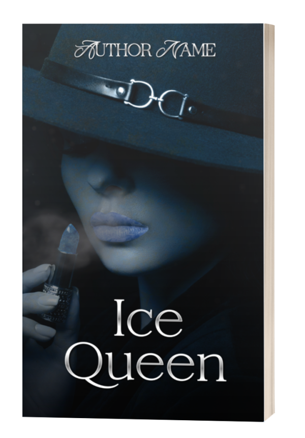 Book titled "Ice Queen: Premade Book Cover" featuring a close-up of a woman wearing a black wide-brimmed hat that partially obscures her face. She holds an icicle-shaped object near her lips. The author's name is displayed at the top in elegant font. The overall tone of the cover is dark and mysterious. BookSelf Book Cover Design & Premade Book Covers
