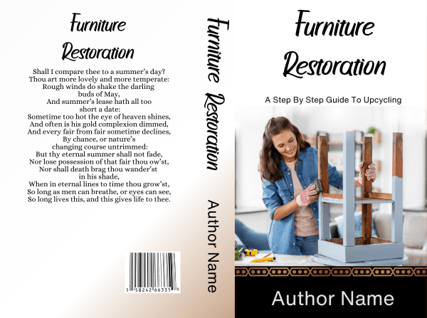 Front and back cover of the Ebook & Paperback Premade Book Cover. The front cover showcases a smiling person using a saw on a wooden piece. The back cover features a poem. Both covers prominently display the title "Furniture Restoration" and the author's name on a white background. BookSelf Book Cover Design & Premade Book Covers