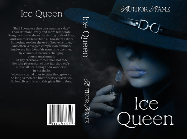A premade book cover titled "Ice Queen: Premade Book Cover" by an unspecified author features a mysterious woman with red lips and a wide-brimmed hat, holding an ice crystal. The background is dark and smoky. The back cover has a poetic blurb and a barcode at the bottom. BookSelf Book Cover Design & Premade Book Covers
