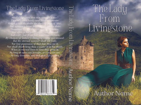 An old castle with a cylindrical tower stands under a dramatic sky on the book cover for "Lady Livingstone: Premade Book Cover". A woman in a green dress sits on the grassy castle grounds. The back cover features a poetic excerpt. "Lady Livingstone: Premade Book Cover" and the author's name are displayed in elegant fonts. BookSelf Book Cover Design & Premade Book Covers