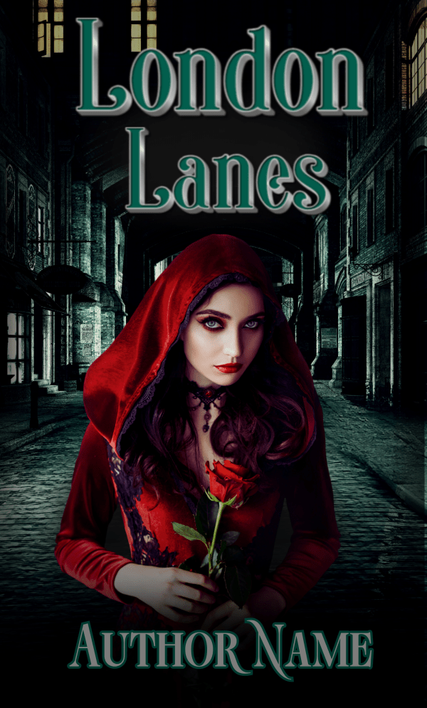 A book cover titled "Ebook & Paperback Premade Book Cover" shows a woman with long dark hair wearing a red hooded cloak. She holds a red rose and stands on a dimly lit, cobblestone street with tall, dark buildings surrounding her. The author's name is displayed at the bottom in the same font as "Ebook & Paperback Premade Book Cover. BookSelf Book Cover Design & Premade Book Covers