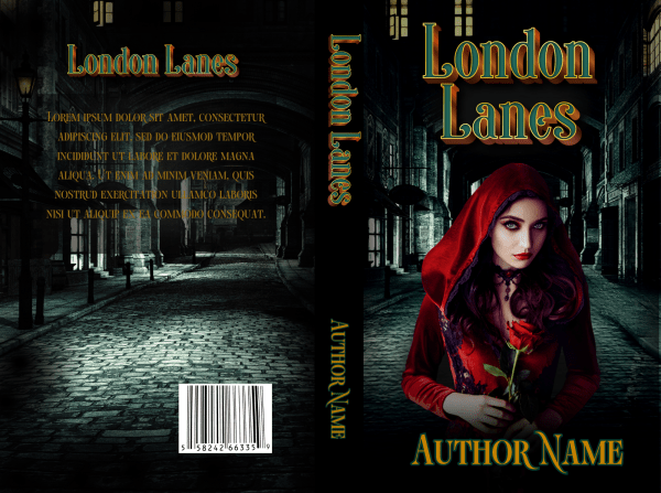 The cover of a book titled "London Lanes" by an unknown author features a woman with dark hair in a red hooded cloak holding a rose, set against a dimly lit street scene in London. The spine bears the title and author name, while the back cover has placeholder text for a summary. This design is available as an Ebook & Paperback Premade Book Cover. BookSelf Book Cover Design & Premade Book Covers