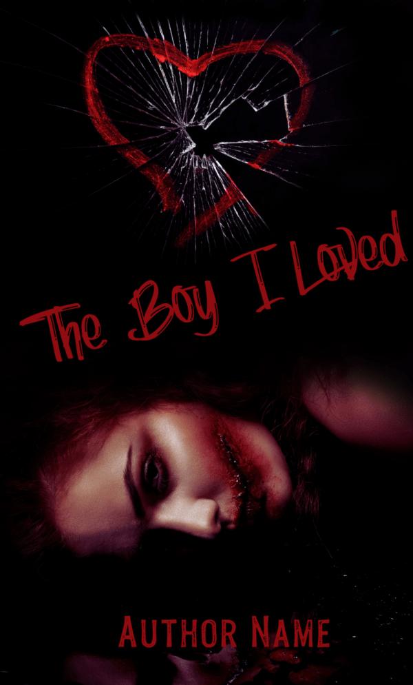 A dark book cover features a shattered, red heart at the top. "Ebook & Paperback Premade Book Cover" is written in red, slanted text across the center. Below, a woman's face lies on a surface with smeared red lipstick, looking lifeless. The author's name is in red at the bottom. The Ebook & Paperback Premade Book Cover evokes an eerie and somber tone. BookSelf Book Cover Design & Premade Book Covers