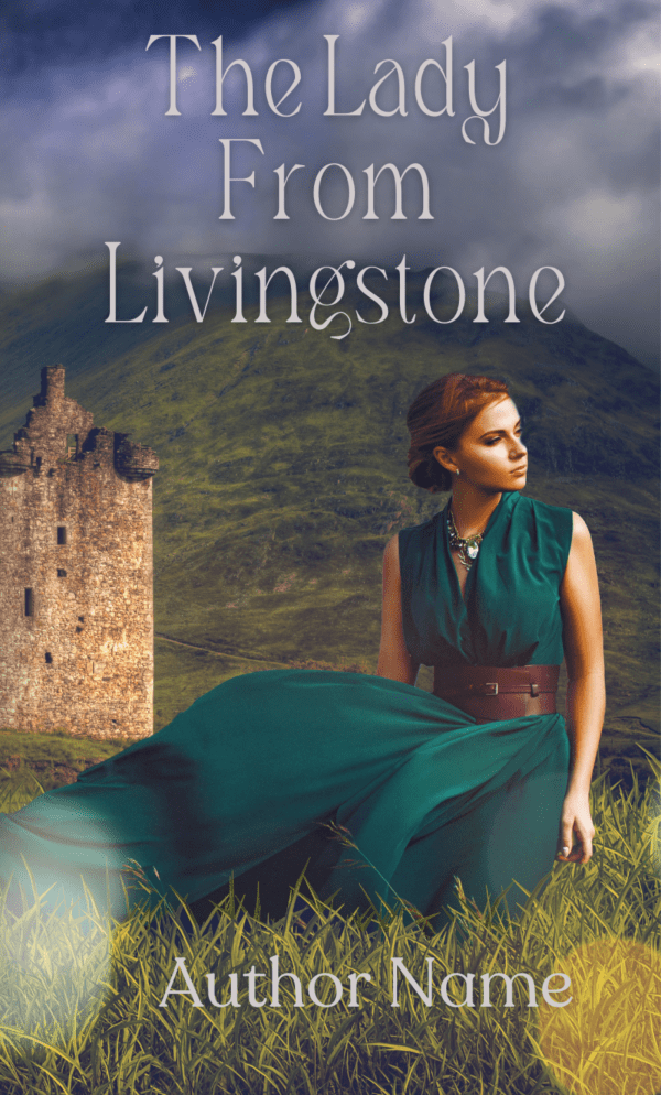 A woman in a flowing teal dress stands in tall grass with a stone castle ruin and misty green hills in the background. The book title "Lady Livingstone: Premade Book Cover" and "Author Name" are written in white text over the image, highlighting this stunning premade book cover. The moody, cloudy sky enhances the dramatic atmosphere. BookSelf Book Cover Design & Premade Book Covers
