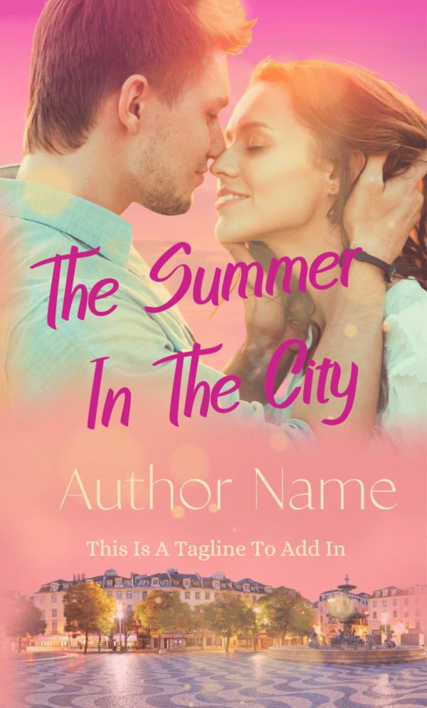 A romantic summer romance book cover titled "Ebook & Paperback Premade book cover" featuring a couple about to kiss against a sunset sky. Below them is a cityscape with classic buildings and cobblestone streets. The author’s name and a tagline are written at the bottom. The cover has warm pink and orange hues. BookSelf Book Cover Design & Premade Book Covers