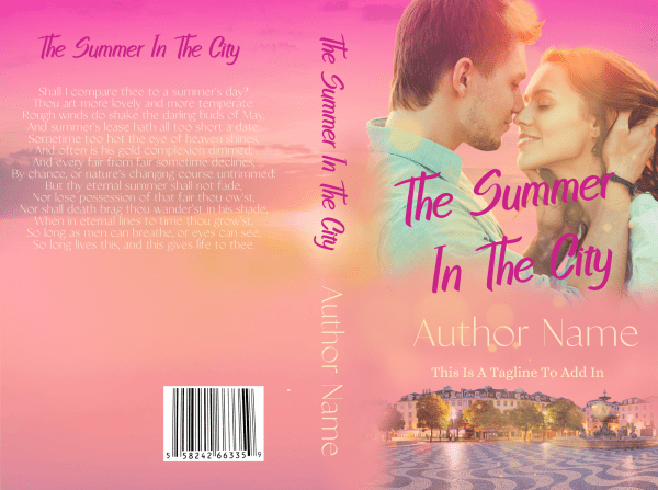 The cover of the Ebook & Paperback Premade book cover "The Summer In The City" features a couple kissing against a sunset cityscape. Whimsical pink and teal text spell out the title. The back cover has a poetic description, a barcode at the bottom left, and the author's name along the spine. BookSelf Book Cover Design & Premade Book Covers