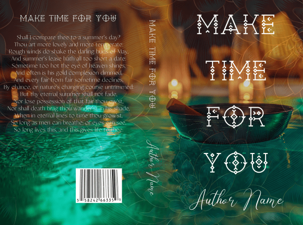 A spa-like Ebook & Paperback Premade Book Cover design with the title "Make Time For You" in large, ornate white letters. The background features a serene night scene with a candle-lit boat on calm water. Elegant swirling patterns overlay the image. The back cover includes poetry text, while the spine displays the title and author name. BookSelf Book Cover Design & Premade Book Covers
