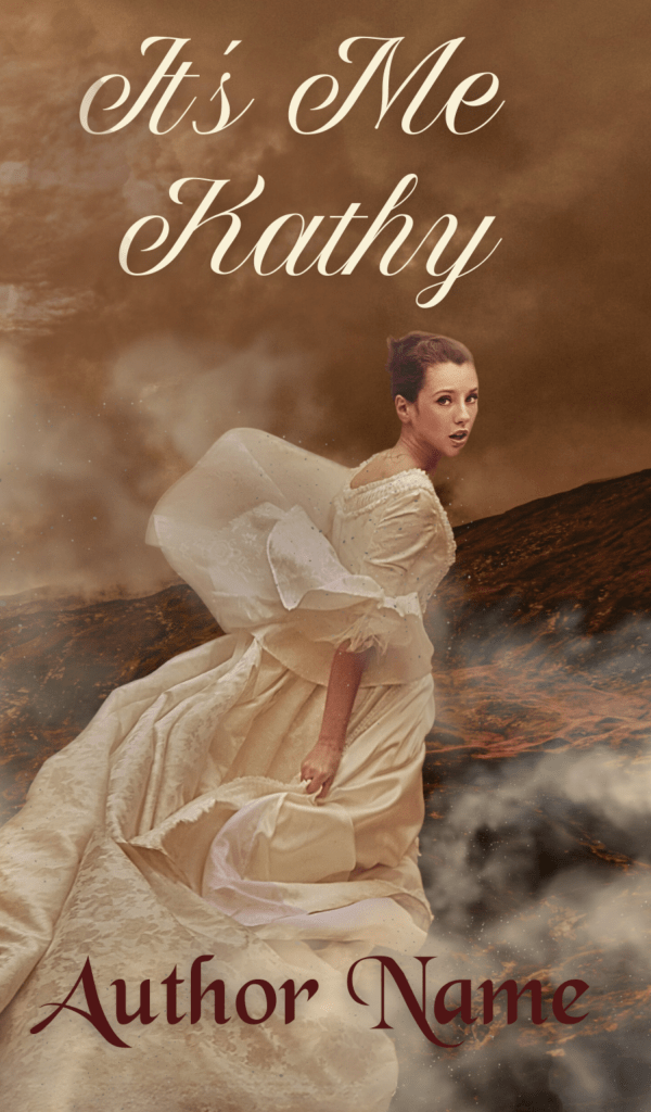 A book cover featuring a woman in a flowing vintage gown against a smoky, sepia-toned background. At the top, elegant cursive text reads "Ebook & Paperback Premade Book Cover." The author's name is written in smaller, maroon-colored cursive text at the bottom. BookSelf Book Cover Design & Premade Book Covers