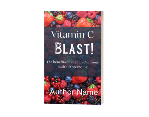 A vibrant, premade book cover titled "Vitamin C | Premade Book Cover" by Author Name. The background is filled with assorted berries, including strawberries, blueberries, raspberries, and blackberries. BookSelf Book Cover Design & Premade Book Covers