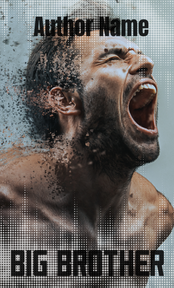 A Ebook & Paperback Premade Book Cover features a close-up of a shirtless man with particles disintegrating from his body and face, conveying distress. The top text reads "Author Name," and the bottom text reads "BIG BROTHER" in bold, block letters. The background is a gradient of light grey and blue with a dotted pattern. BookSelf Book Cover Design & Premade Book Covers