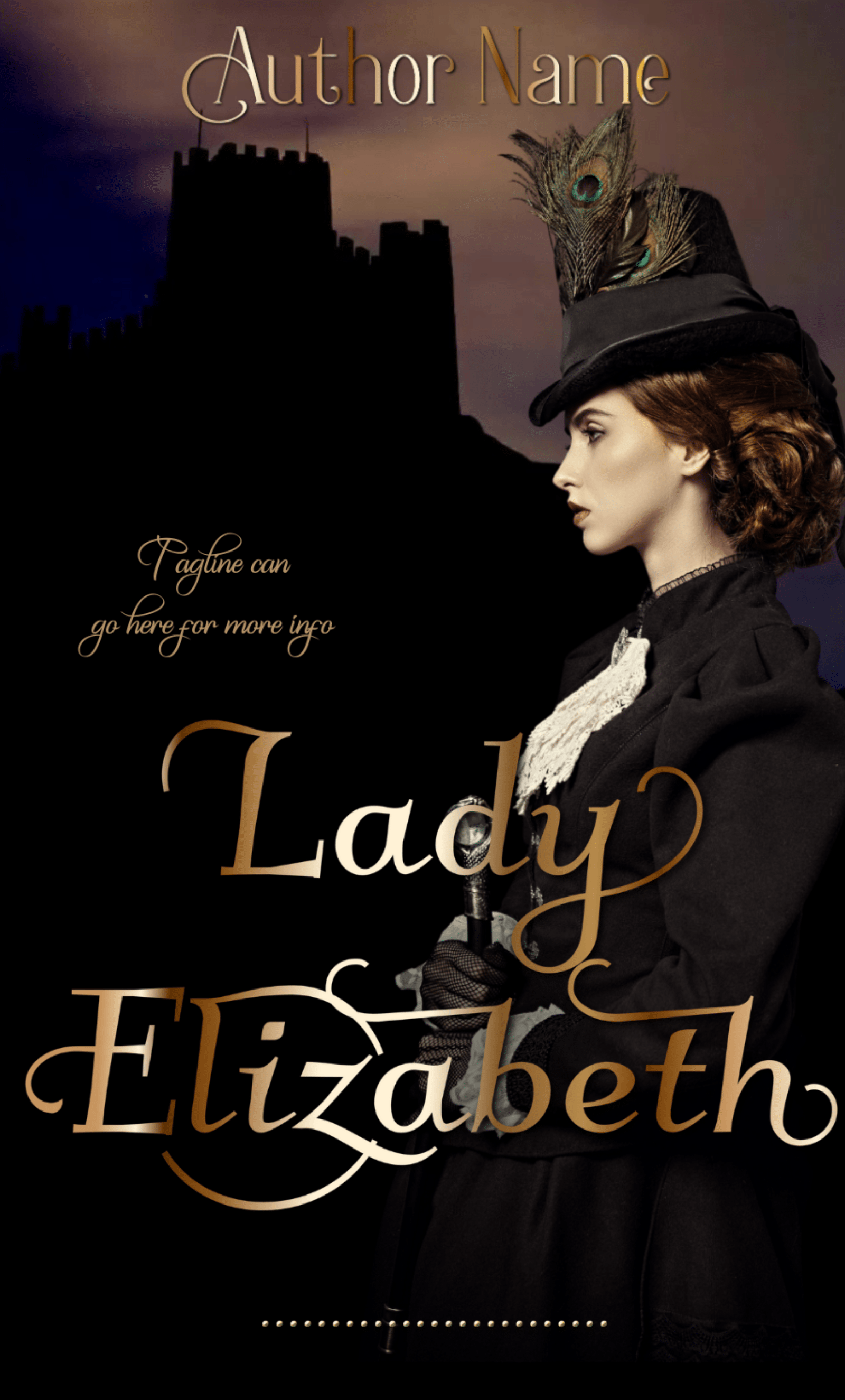 A book cover titled "Lady Elizabeth: Premade Book Cover" features a woman in Victorian-era clothing with a dark background. She wears a black dress, a hat with a feather, and gazes into the distance. A castle silhouette looms behind her. Placeholder text indicates "Author Name" and the tagline spot. BookSelf Book Cover Design & Premade Book Covers