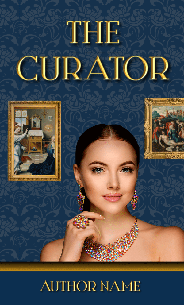 An Ebook & Paperback Premade Book Cover titled "The Curator" features a woman with elegant jewelry in the center. She is wearing a colorful necklace, earrings, and ring, set against a dark blue floral background. Two framed pieces of artwork are shown behind her, hinting at an art heist. The author's name is at the bottom. BookSelf Book Cover Design & Premade Book Covers