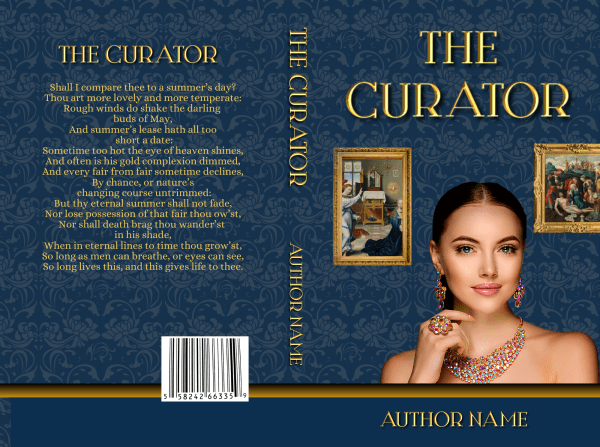 The Ebook & Paperback Premade Book Cover titled "The Curator" features an ornate, classic design with a blue damask background. It includes a back blurb, author name, and the spine labeled. The front showcases a woman adorned in elegant jewelry, with classic paintings in ornate frames surrounding her. BookSelf Book Cover Design & Premade Book Covers