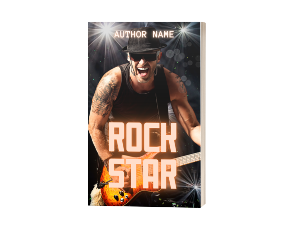 A premade cover titled "Rock Star" features a muscular man with tattoos, wearing a fedora and sunglasses, passionately singing and playing an electric guitar. Bright stage lights shine in the background. The author's name is written at the top in a smaller font. This is an "Ebook & Paperback Premade Book Cover. BookSelf Book Cover Design & Premade Book Covers