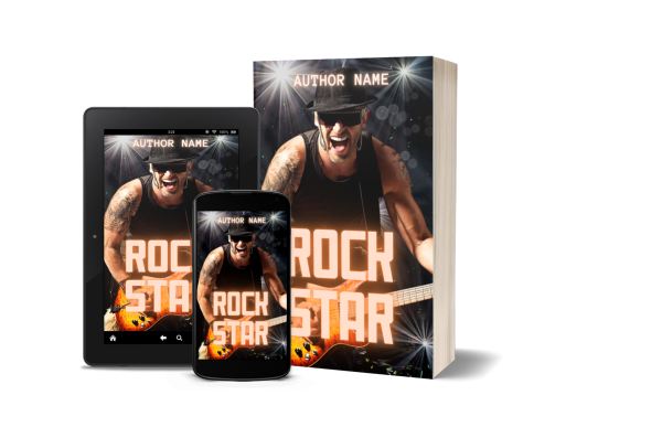 An image featuring three items showcasing the same Ebook & Paperback Premade Book Cover: a tablet, a smartphone, and a book. The cover art displays a man in sunglasses and a cap playing an electric guitar with the title "Rock Star" in bold, bright letters. "Author Name" is prominently placed at the top. BookSelf Book Cover Design & Premade Book Covers