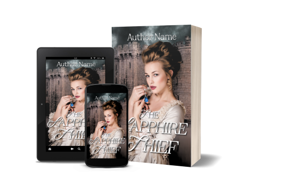 The image showcases three versions of the Ebook & Paperback Premade Book Cover by [Author Name]: a tablet, a smartphone, and a paperback. Each premade cover features a woman in historical attire holding a blue gem, with a castle in the background. The title is prominently displayed in stylized text. BookSelf Book Cover Design & Premade Book Covers