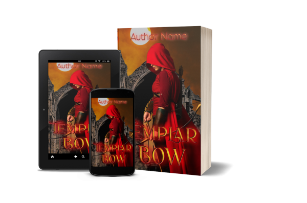 A book cover titled "Ebook & Paperback Premade Book Cover," a premade cover featuring a figure in red robes with a hood, holding a bow. The figure stands before a stone archway. The image is displayed on a smartphone, tablet, and an upright physical book, with "Author Name" written at the top. BookSelf Book Cover Design & Premade Book Covers