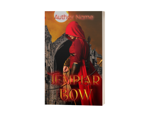 A premade cover features a cloaked figure in a red hooded robe standing against ancient, crumbling stone arches. The title "Ebook & Paperback Premade Book Cover" is boldly displayed in red and yellow text at the bottom, while "Author Name" appears at the top. A large, orange sun sets behind the arches. BookSelf Book Cover Design & Premade Book Covers