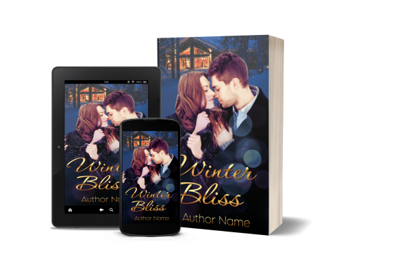 The image shows the cover of a book titled "Winter Bliss" displayed on a tablet, smartphone, and as a physical book. This Ebook & Paperback Premade Book Cover features a couple embracing in a snowy landscape with a cozy, lit cabin in the background. The author's name is written below the title. BookSelf Book Cover Design & Premade Book Covers