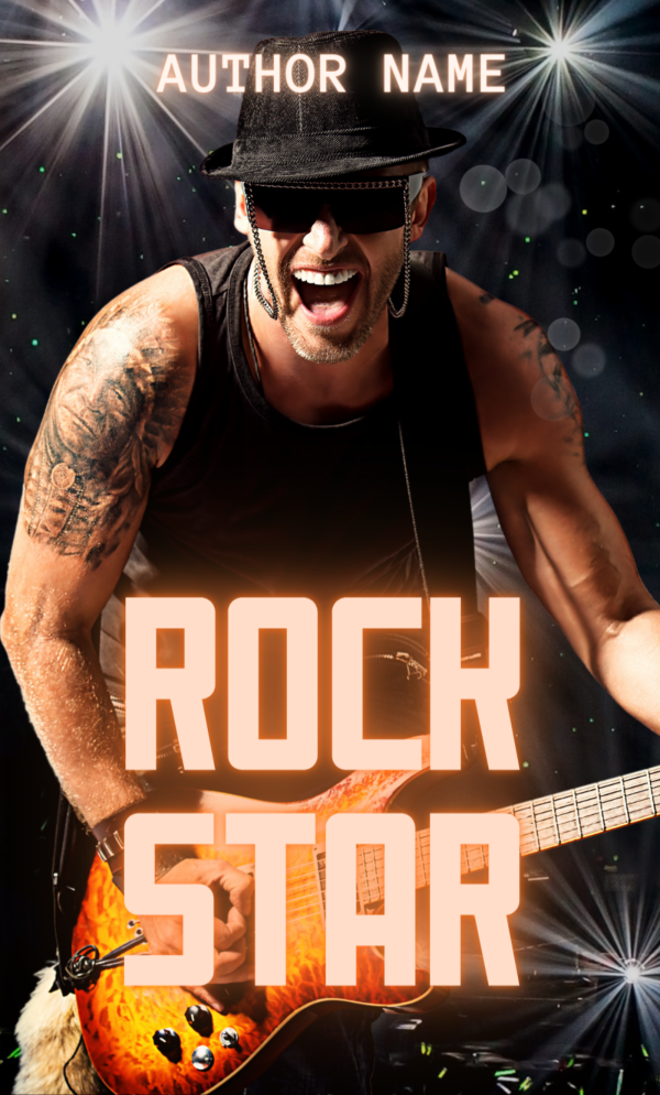 A muscular man with arm tattoos is passionately playing an electric guitar under bright stage lights. He's wearing a sleeveless black shirt and a black hat with a chain. The text "AUTHOR NAME" appears at the top, and "Ebook & Paperback Premade Book Cover" is prominently displayed in bold letters across the guitar, creating a stunning rock star premade cover. BookSelf Book Cover Design & Premade Book Covers