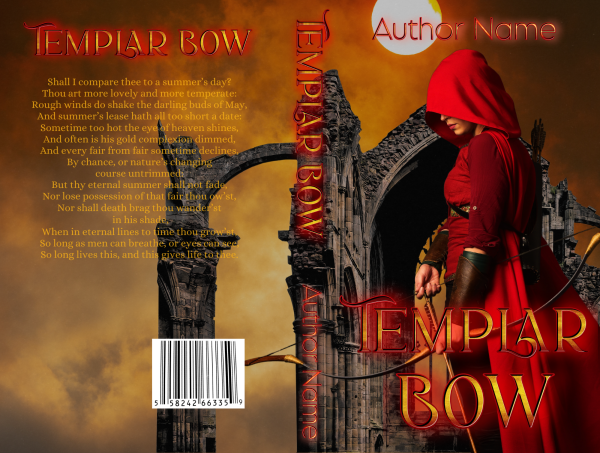 A premade cover titled "Ebook & Paperback Premade Book Cover" by Author Name features a figure in a red hooded cloak standing before ancient stone ruins, with the setting sun in the background. The back cover reveals a partial figure, more ruins, and a barcode at the bottom, with text from "Shall I compare thee to..." visible. BookSelf Book Cover Design & Premade Book Covers