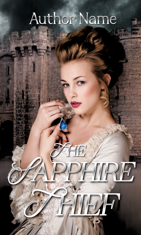 A premade cover titled "Ebook & Paperback Premade Book Cover" by an unspecified author. It features a woman with styled, voluminous hair wearing a historical white dress. She holds a blue sapphire pendant near her chin. Behind her is a stone castle with large wooden doors, set against a cloudy sky. BookSelf Book Cover Design & Premade Book Covers