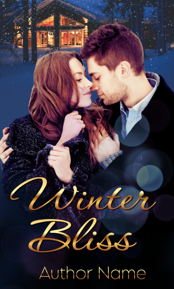 A romantic book cover shows a couple embracing in the snow at night, with a lighted cabin and tall trees in the background. The woman has long auburn hair and a dark coat, while the man wears a black coat. The Ebook & Paperback Premade Book Cover features the title "Winter Bliss" and "Author Name," both written in elegant script. BookSelf Book Cover Design & Premade Book Covers