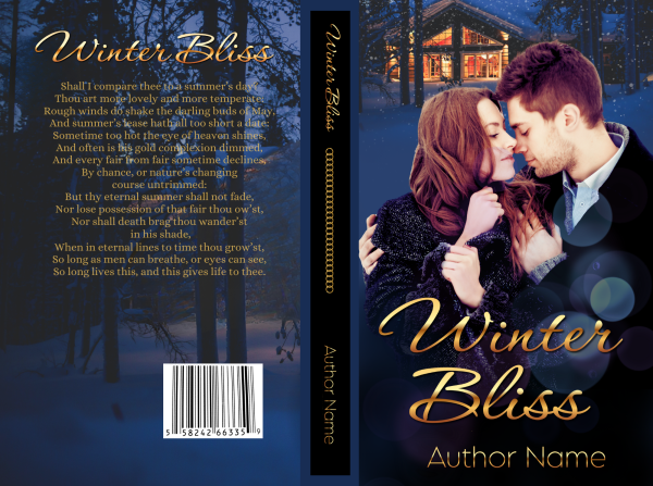 The Ebook & Paperback Premade Book Cover of a book titled "Winter Bliss" shows a couple embracing tenderly under a starry winter sky. The woman has long, wavy hair, and the man is gently holding her face. A cozy cabin with glowing lights is nestled in a snowy forest in the background. BookSelf Book Cover Design & Premade Book Covers