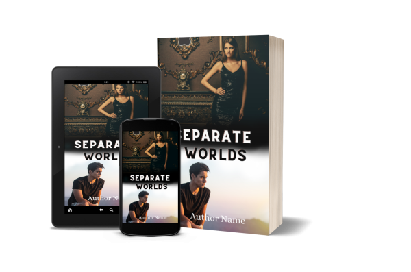 A digital and print Ebook & Paperback Premade Book Cover for "Separate Worlds" by Author Name. The cover features a woman in a black dress standing by ornate decorations, and a man looking out at a landscape. The image is displayed on a tablet, smartphone, and paperback book positioned side by side. BookSelf Book Cover Design & Premade Book Covers