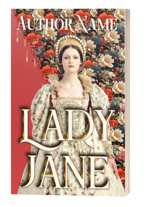 A historical fiction book cover titled "Lady Jane: Premade Book Cover." It features a solemn woman dressed in an ornate, vintage gown with an elaborate headpiece. She stands against a backdrop filled with red and white flowers. The author's name is displayed at the top in a gold font. BookSelf Book Cover Design & Premade Book Covers