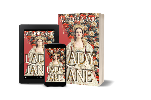 A book, tablet, and smartphone display the captivating cover of "Lady Jane: Premade Book Cover." The cover features a regal woman in period attire against a floral background. The author’s name graces the top. The book is placed upright, while the tablet and smartphone are positioned to showcase the e-book version of this exquisite design.
 BookSelf Book Cover Design & Premade Book Covers