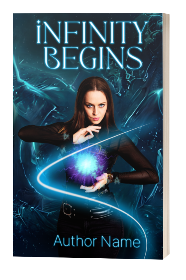 A book cover titled "Infinity Begins: Ebook & Paperback Ready Made Book Cover" features a woman with long brown hair and an intense expression, holding a glowing blue orb with both hands. She is surrounded by swirling blue energy lines against a dark, mystical background. The author's name is displayed at the bottom in blue text. BookSelf Book Cover Design & Premade Book Covers
