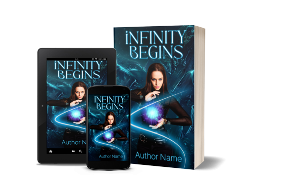 A book titled "Infinity Begins: Ebook & Paperback Ready Made Book Cover" by Author Name shown in three formats: a tablet, a smartphone, and a physical book. The cover depicts a woman holding a glowing, blue, spherical object with cosmic designs in the background. Her expression is intense and focused. BookSelf Book Cover Design & Premade Book Covers