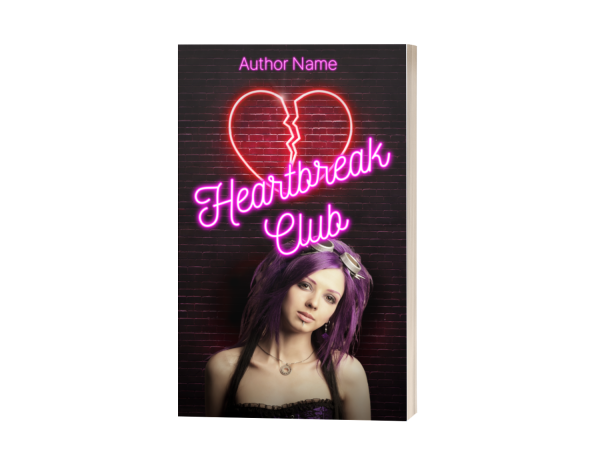The image is a premade cover for "Ebook & Paperback Premade Book Cover" by an unspecified author. It features a woman with purple hair, wearing a dark outfit, standing against a brick wall. Above her, a neon pink sign depicts two faces forming a heart shape with the title "Heartbreak Club" also in neon pink. BookSelf Book Cover Design & Premade Book Covers