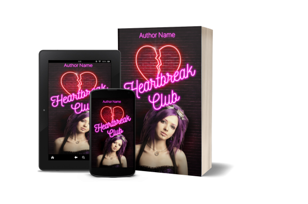 A digital mockup showcases an Ebook & Paperback Premade Book Cover of the book "Heartbreak Club" by an unnamed author, depicted on a tablet, smartphone, and physical book. The cover features a girl with purple hair, with a neon pink and red heart above her that divides into two, featuring "Heartbreak Club" written in script. BookSelf Book Cover Design & Premade Book Covers