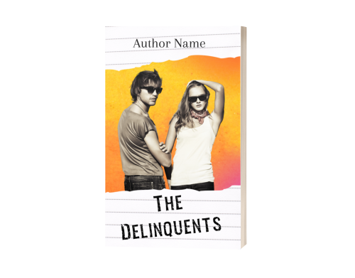 The cover of a book titled "The Delinquents" features a black-and-white image of a man and woman standing back-to-back, both wearing sunglasses. The background is a gradient of yellow to orange. The author's name is displayed at the top of the cover. BookSelf Book Cover Design & Premade Book Covers