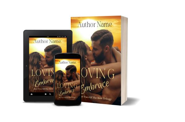 Tablet, smartphone, and Premade Ebook & Paperback Book Cover versions of "Loving Embrace" come with a premade book cover featuring sunsets over a seaside background. The cover depicts a couple embracing intimately, with the man kissing the woman's forehead. The author's name graces the top of this beautifully designed cover. BookSelf Book Cover Design & Premade Book Covers