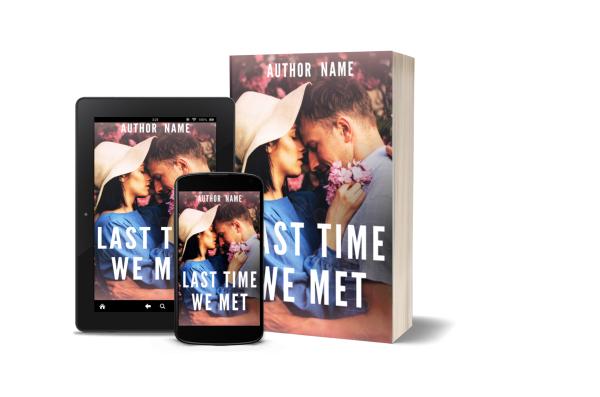 Display of the Premade Ebook & Paperback Book Cover featuring a printed paperback, a smartphone, and a tablet, all showcasing the book cover with an image of a couple tenderly embracing. They are wearing summer clothes and hats, surrounded by soft pink flowers. The author's name is printed at the top of each cover. BookSelf Book Cover Design & Premade Book Covers