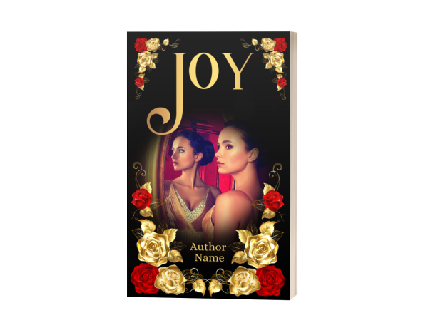 A Premade Ebook & Paperback Book Cover features two women dressed in elegant attire standing back-to-back. Set against a black background adorned with red and gold roses along the borders, the title and author's name are penned in gold lettering, with decorative elements enhancing the sophisticated theme. BookSelf Book Cover Design & Premade Book Covers