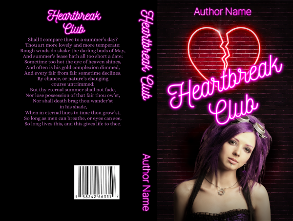 Ebook & Paperback Premade Book Cover for "Heartbreak Club." The front features a woman with purple hair, adorned with a star hairclip, standing in front of a dark brick wall with a neon heart and crack design. The back shows a poem above a barcode. "Heartbreak Club" is written in neon pink on the spine and front. BookSelf Book Cover Design & Premade Book Covers